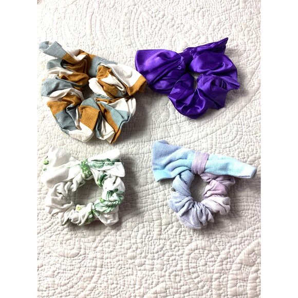 Set Of 4 Colorful Hair Scrunchies Cotton & Satin Mix * Elastic Accessories - Picture 1 of 5
